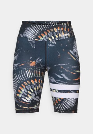 Black athletic shorts featuring a colorful abstract print. Includes two white horizontal stripes near the hem. Made from stretchy material.