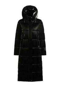 Cappotto puffo nero con cappuccio, caratterizzato da un design trapuntato, maniche lunghe, tasche laterali con zip e una finitura liscia e lucida.