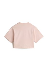 Korta ärmar, cropped t-shirt i ljusrosa bomull. Har en rund hals med en standard söm och en jämn, mjuk textur.