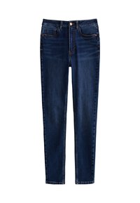 Jeans de mezclilla azul oscuro con un diseño ajustado, estilo de cinco bolsillos y acentos de costura a lo largo de las costuras. Presenta un cierre de botón.