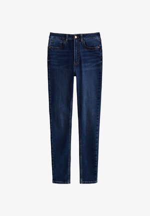 Dark blue denim jeans with a fitted design, five-pocket style, and stitched accents along the seams. Features a button closure.