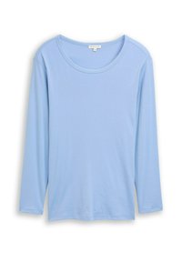 Lichtblauwe langemouwen shirt met een ronde hals, gemaakt van zachte stof. Heeft een eenvoudig ontwerp en een normale pasvorm zonder patronen of accenten.