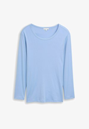 Hellblaues Langarmshirt mit Rundhalsausschnitt, aus weichem Stoff gefertigt. Hat ein einfaches Design und eine regelmäßige Passform ohne Muster oder Akzente.