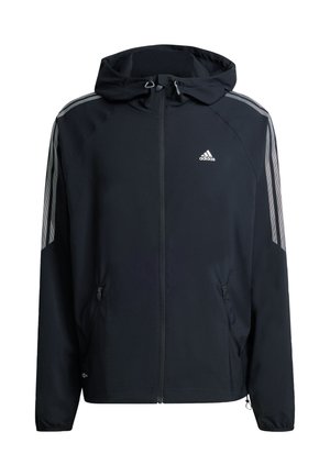 Schwarze Kapuzenjacke mit Reißverschluss, silbernen Streifen auf den Schultern, zwei Seitentaschen und einem Adidas-Logo auf der Brust.