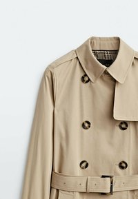 Cappotto trench beige con design doppiopetto, grandi bottoni e cintura. Il colletto è strutturato e l'interno presenta un motivo a scacchi.