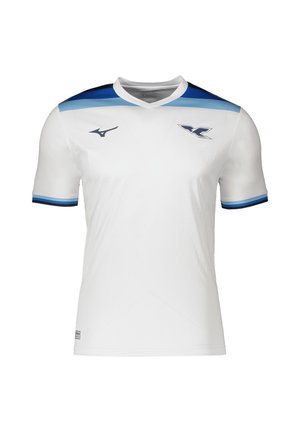 Weißes Sportshirt mit kurzen Ärmeln, blauen Verlaufsakzenten an den Schultern, blau gestreiften Ärmelabschlüssen und zwei kleinen Logos auf der Brust.