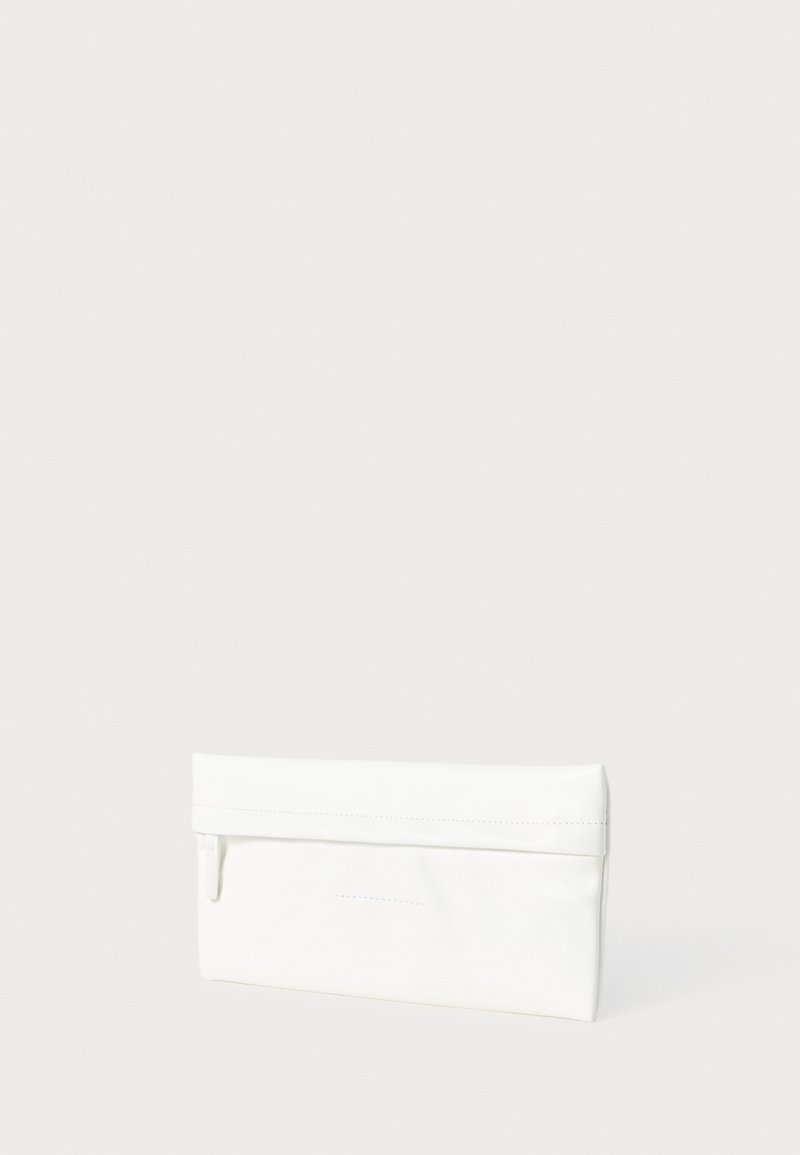 White zippered pouch made of smooth material. Features a folded top edge and subtle stitching detail. Compact rectangular shape.