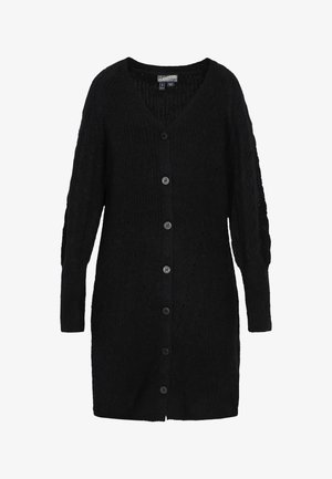 Černý pletený kardigan s výstřihem do V, dlouhými rukávy a zapínáním na knoflíky. Má strukturovaný vzor a žebrované detaily na rukávech.