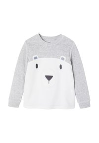 White sweatshirt with gray sleeves, featuring a polar bear design in the center, with embroidered facial details and soft texture.