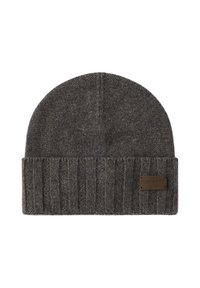 Grijze gebreide beanie met een geribbelde manchet. Heeft een soepele textuur en een klein leren label aan de zijkant met het merklettertype.