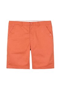 Shorts en coton orange avec une fermeture à bouton, deux poches latérales et un logo de marque discret sur la taille. Texture lisse et coupe droite.