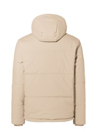 Giubbotto imbottito beige con cappuccio, caratterizzato da una texture liscia, cuciture orizzontali e un taglio dritto. La vista posteriore evidenzia i dettagli delle cuciture.