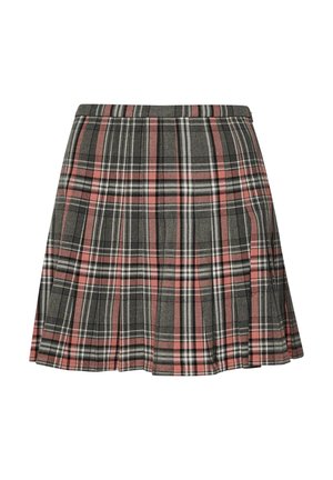 Spódnica w kratę w kolorach szarym i różowym, z plisowanym wzorem oraz czarno-białymi akcentami. Wykonana z tkaniny o splocie, długość do połowy uda.