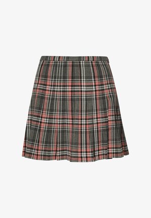 Spódnica w kratę w kolorach szarym i różowym, z plisowanym wzorem oraz czarno-białymi akcentami. Wykonana z tkaniny o splocie, długość do połowy uda.