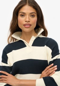 Striped polo sweater in navy blue and cream, featuring a fold-down collar, two buttons, and a textured knit design.