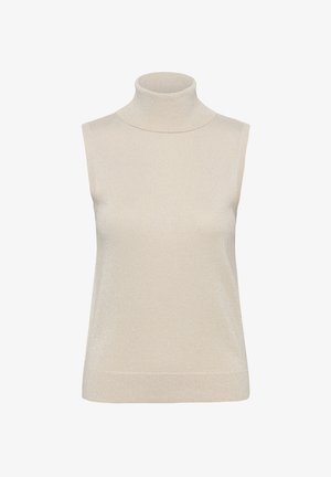 Bezrukavna majica s turtleneck izrezom u svijetlosmeđoj boji, izrađena od sjajnog, teksturiranog materijala. Ima prilagođeni kroj i rebrasti detalj.