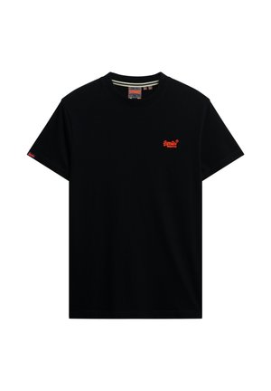 Schwarzes Baumwoll-T-Shirt mit kurzen Ärmeln, rundem Halsausschnitt und kleinem roten Logo auf der Brust. Hat eine glatte Textur und einen klassischen Schnitt.