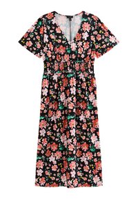 Vestido midi negro de manga corta con estampado floral en tonos rosa, rojo y verde, y cintura elástica.