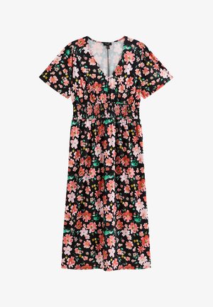 Robe midi noire à manches courtes avec imprimé floral rose, rouge et vert et taille élastique.