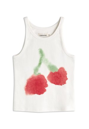 Canotta bianca senza maniche con una stampa stile acquerello di due ciliegie rosse collegate da gambi verdi sul davanti.