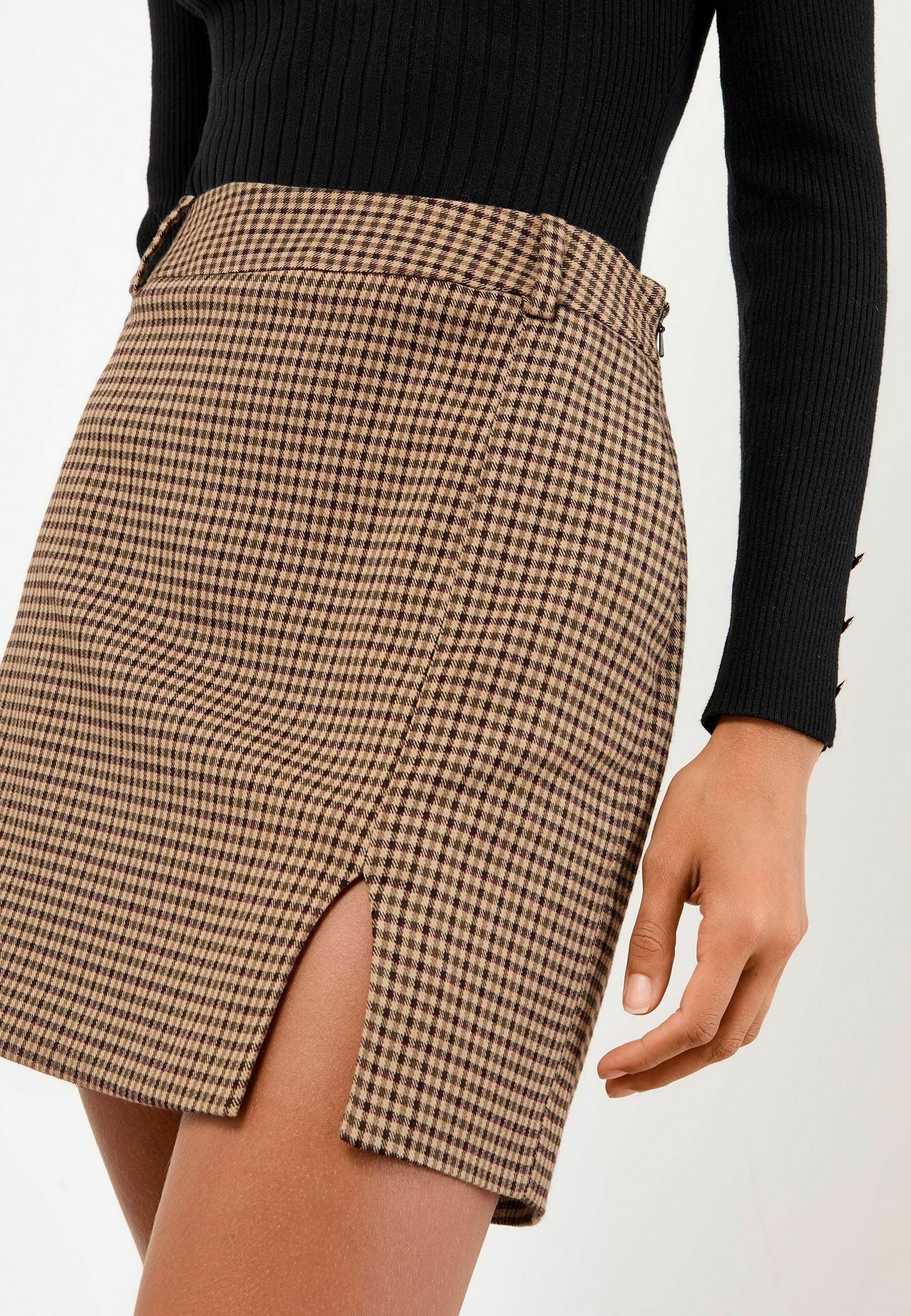 Lipsy REGULAR FIT - SPLIT SIDE - A-line skirt - brown check/brown