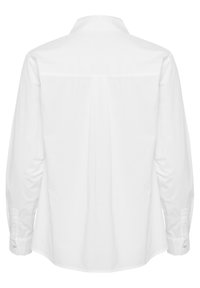 White long-sleeve shirt featuring a classic collar, smooth texture, and back pleat detail. Button cuffs and clean design with no patterns.