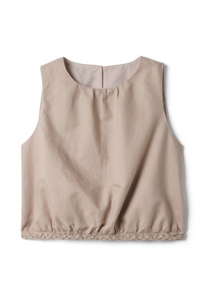Top corto beige senza maniche con scollatura tonda, leggere pieghe sotto il colletto e orlo elastico intrecciato, disteso su sfondo bianco.