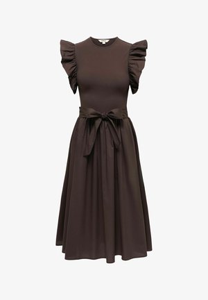 Robe midi marron foncé avec manches courtes à volants, corsage ajusté côtelé et nœud taille avec jupe fluide.