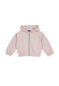 Veste zippée rose clair avec capuche, poignets élastiques et ceinture élastique, présentant une texture légèrement mouchetée sur un tissu doux.