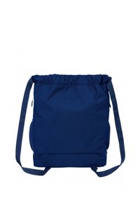 Sac de tirage bleu marine en tissu texturé, avec une sangle réglable et des poches latérales en maille. Forme rectangulaire simple avec un design minimaliste.