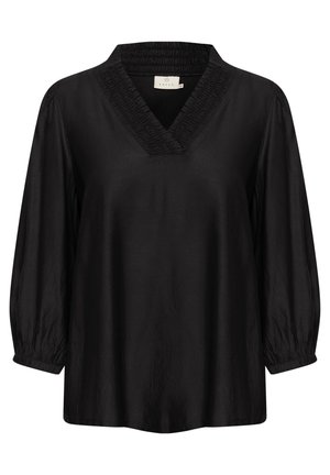 Zwarte tuniek met een V-hals en gerimpelde details bij de kraag. Heeft lange, elastische mouwen en een gladde, glanzende textuur.