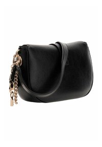 Sac à bandoulière en cuir noir avec une forme incurvée, orné d'un accent chaîne dorée, d'un détail zippé et d'une bandoulière unique réglable.