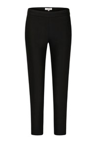 Pantalon noir extensible avec une texture lisse, doté d'une taille large et d'une coupe ajustée. Pas de poches visibles ni de motifs distinctifs.