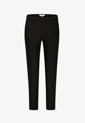 Zwarte rekbare broek met een soepele textuur, voorzien van een brede tailleband en een slim fit. Geen zichtbare zakken of opvallende patroons.