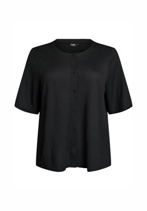 Černá krátká rukávová halenka na knoflíky s texturovanou látkou a kulatým výstřihem, navržená pro pohodlný střih.