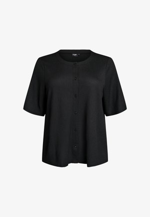 Melna īsas piedurknes blūze ar pogām, raksturīga fakturēta auduma un apaļu apkakli, veidota vaļīgai piegrieznei.