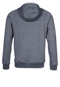 Šedá mikina s jemnou texturou, obsahující kapuci se stahovací šňůrkou a žebrované manžety. Záda mají čistý design bez viditelných log či vzorů.