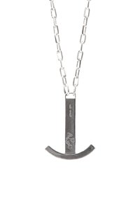 Silver metal necklace featuring a horizontal bar pendant with a curved bottom. Chain link design with a polished texture and engraved detail.