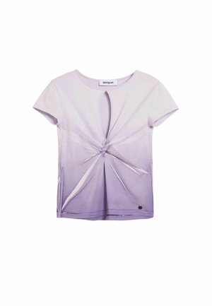 Paarse korte mouwen T-shirt met een ronde hals, voorzien van een uitsnede aan de voorkant en een bloemmotief dat vervaagt van licht naar donker.
