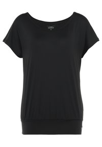 Černý krátký top s širokým výstřihem a elastickým spodním lemem, vyrobený z hladké, lehké látky. Sportovní design s volnějším střihem.