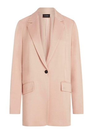 Blazer rosa chiaro monopetto con revers a lancia, due tasche anteriori con patta e maniche lunghe.