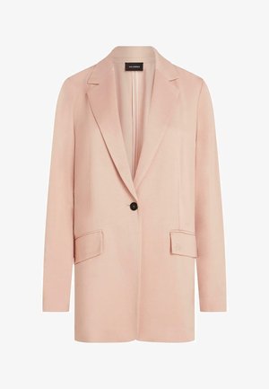 Blazer rosa chiaro monopetto con revers a lancia, due tasche anteriori con patta e maniche lunghe.