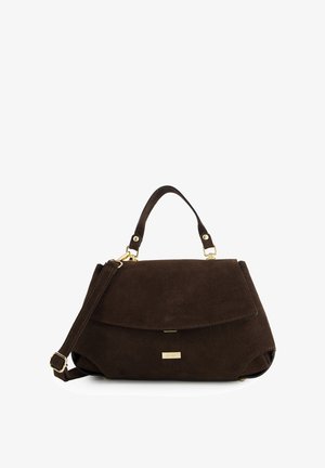 Brown suede handbag with a structured shape, gold hardware accents, top handle, and detachable shoulder strap. Features a flap closure.
