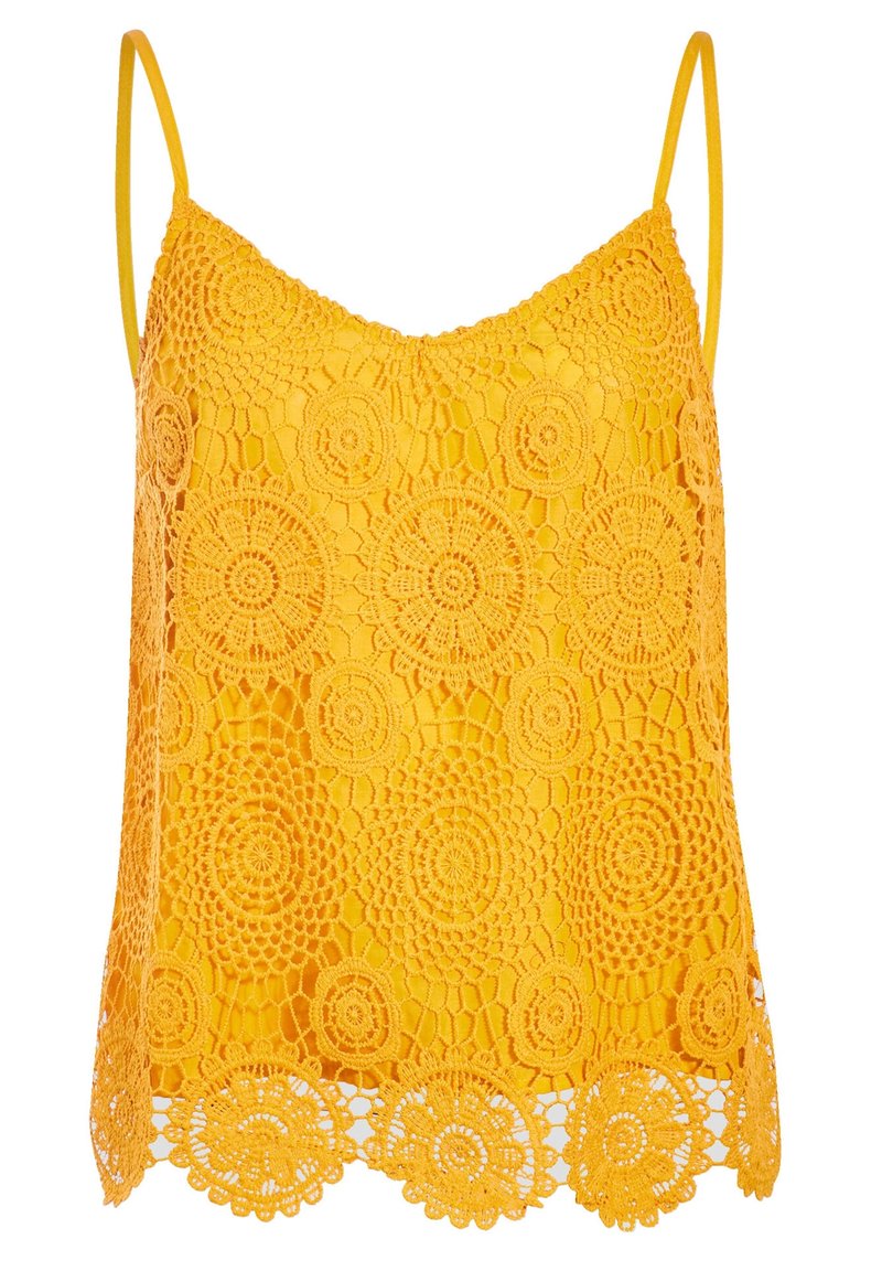 Haut à bretelles jaune avec des motifs en crochet en dentelle circulaire et des bretelles fines, présentant un ourlet en dentelle à bord scallopé.
