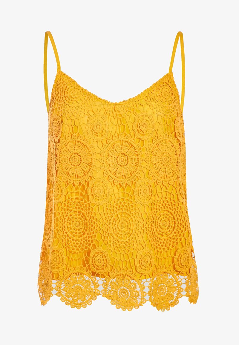 Haut à bretelles jaune avec des motifs en crochet en dentelle circulaire et des bretelles fines, présentant un ourlet en dentelle à bord scallopé.