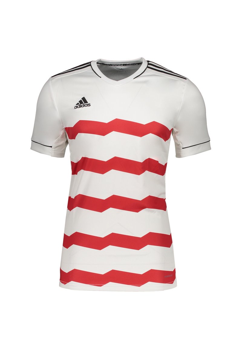 Adidas voetbalshirt in het wit met gedurfde rode zigzagstrepen. Het shirt heeft een v-hals ontwerp, korte mouwen en zwarte accenten op de mouwen.