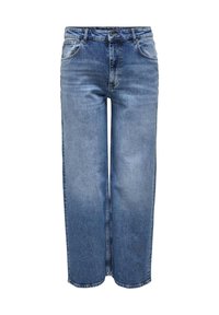 Sininen korkeavyötäröinen leveälahkeinen farkut etupainikkeella ja vetoketjulla, vyölenkit ja etutaskut, esitetty valkoista taustaa vasten.