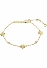 Goldene Armkette mit blütenförmigen Akzenten und einem kleinen Kristallelement. Verstellbare Länge mit einem Karabinerverschluss.