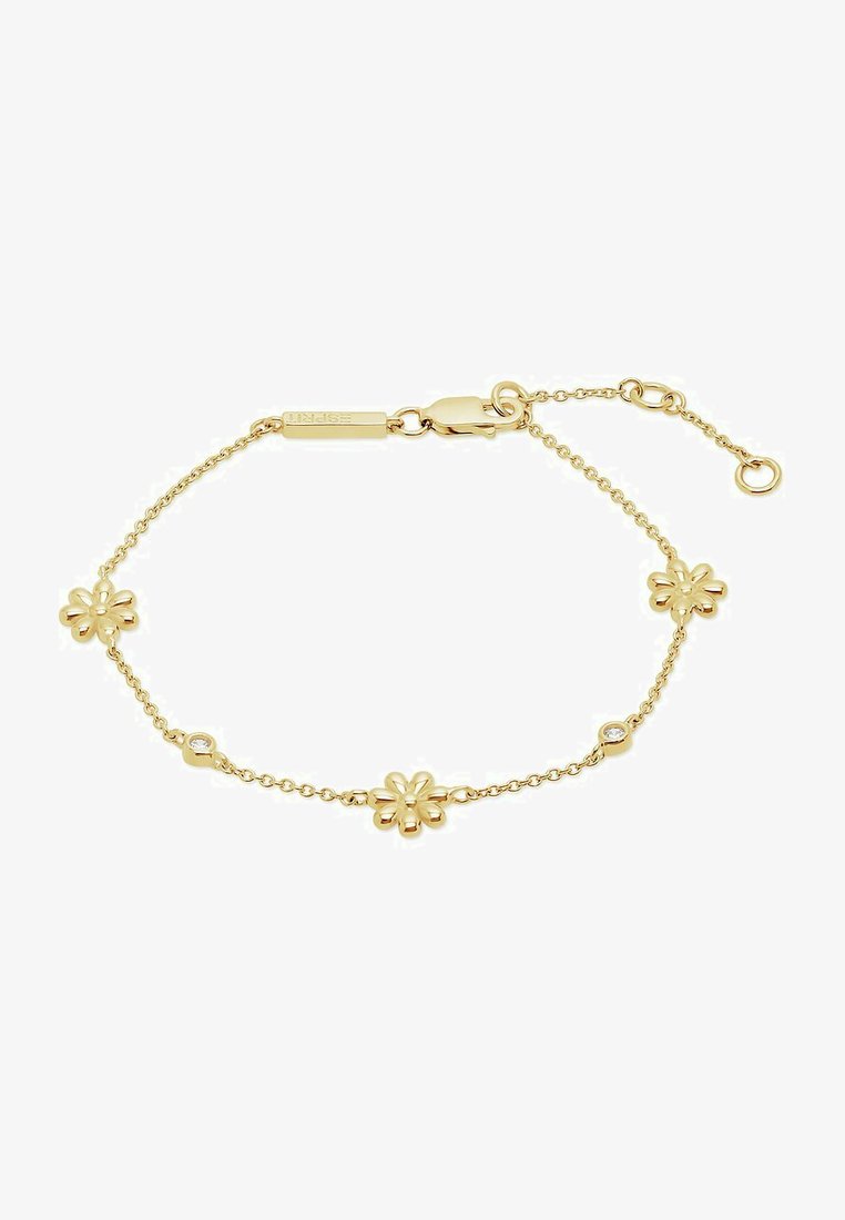 Goldene Armkette mit blütenförmigen Akzenten und einem kleinen Kristallelement. Verstellbare Länge mit einem Karabinerverschluss.
