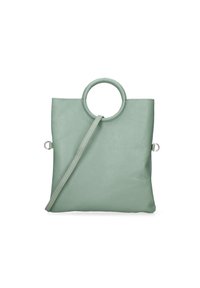 Borsa tote in pelle verde con manico rotondo, forma rettangolare e tracolla removibile. Texture liscia e design minimalista.